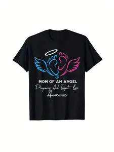 Mom of an Angel Pregnancy & Loss Awareness T-Shirt - Black Short Sleeve Comfort Fit Round Neck Tee with Angel Wings & Footprints Design, Pink & Blue Memorial Shirt for Miscarriage, Stillbirth
