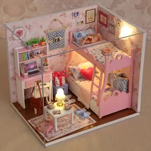Handcrafted DIY Pink Miniature Bedroom Model House Kit with Furniture Set, Creative Birthday & Holiday Gift, Artistic Room Decor