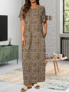 1 Count Women's Long Loungewear, Leopard Print  Nightdress,Casual Sloping Shoulder Round Neck Short  Sleeve Pocket Sleepwear, Soft Comfortable All-Season Nightgown, Ladies Robe,  Womenswear, Bodysuit, Suitable For Home Leisure Out Fashion Wear