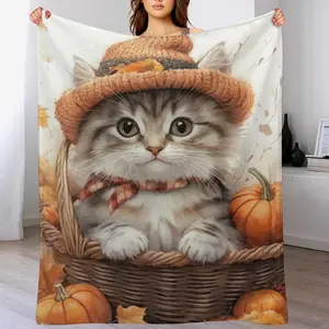Thanksgiving Cat Pumpkin Blanket Autumn Leaves Blanket, Throw Blanket for Flannel Blankets Lightweight Cozy for Bed Couch Sofa 80"x60"