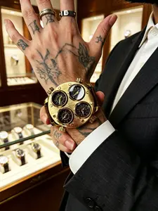 Multi-Time Zone Watch, Round Brushed Case, Leather Strap, Business Casual, Four Independent Time Displays, Analog Quartz Movement