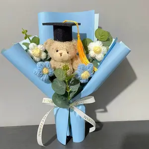 Woven Flower Bouquet and Bear Bouquet, Artificial Eucalyptus Leaves and Bow Ribbon Decor, Perfect Gift for Graduation, Teacher's Day, Valentine's Day