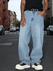 Men's Essential Denim Jeans, Washed Embroidered Vintage Blue High Street Pants, Casual Fitted Zipper Fly Pocket, All Seasons Wear, Streetwear