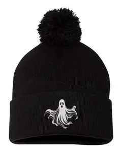 Floating Ghost Halloween Embroidered Knit Beanie Pom Cap