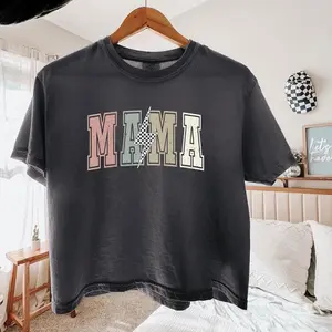 Comfort Colors Boxy Crop Top Checkered Bolt Mama T-shirt, Mama Lightning Tee