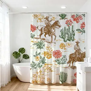 1 PC Rustic Western Charm Bath Curtain Cowboy Cactus Floral Patterns Bathroom Design Inspiration Refreshing Home Decor Update Scenic Serenity