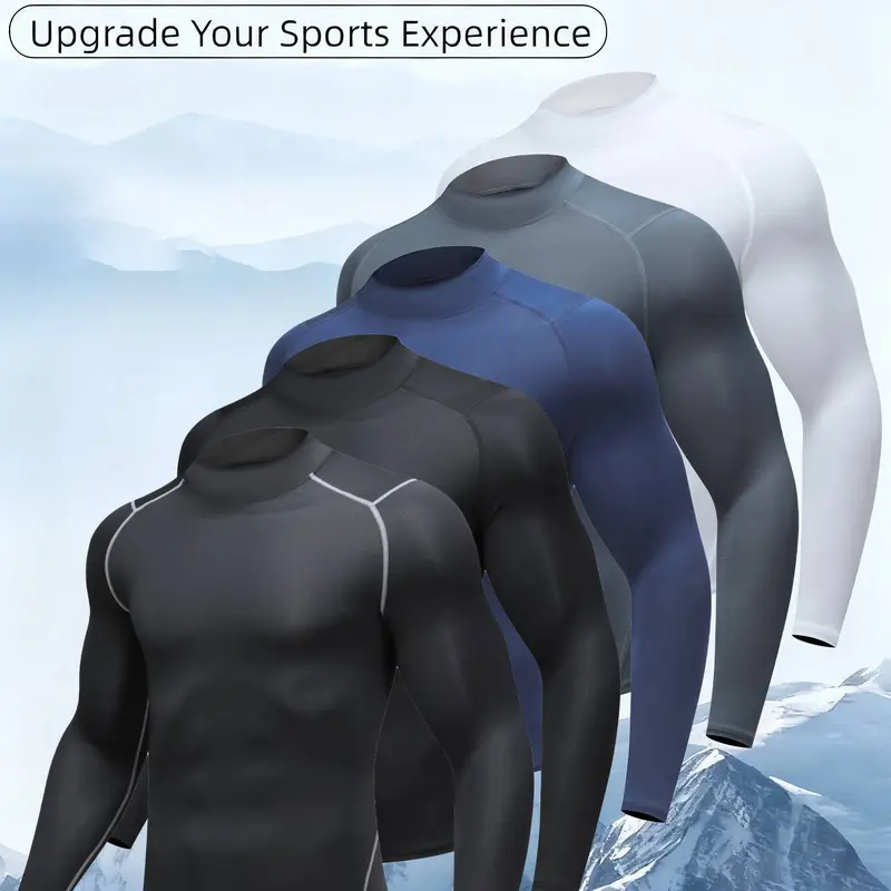 Men's 5-Piece Compression Activewear Set - High-Neck Long-Sleeve Tracksuit Outfit, High-Elasticity Slim-Fit, Athletic Stripe Accents, Breathable Moisture-Wicking Quick-Drying Fabric, Solid Plain, Multiple Colors, Fitness Outfit