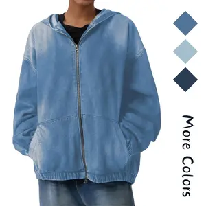 Women's Zip Up Denim Hoodie Sweatshirt Jean Jacket Coats with Pockets