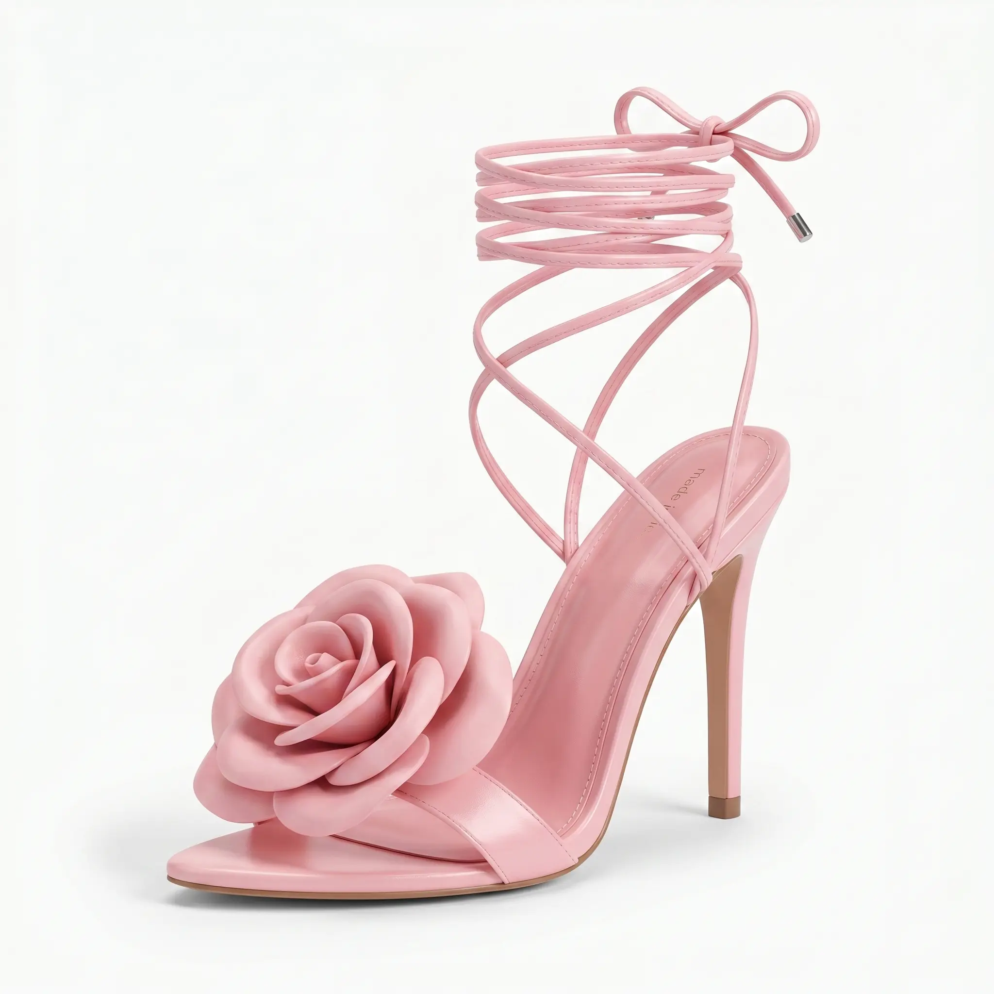 Custom Made EROCALLI  Women Satin Ankle Wrap Stiletto Sandals 3D Rose Floral Pointed Open Toe Lace Up High Heels Elegant Wedding Bridal Party Evening Dress Shoes