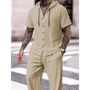 Men's Lightweight Linen Look Two-Piece Set, Hooded Short Sleeve Shirt and Elastic Waist Trousers for Beach & Daily Wear