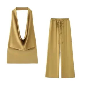 HXAO 2025 Women's Two Pieces Set Wide Leg Pants Set 2 Piece Woman Summer Halter Top Baggy Pants Sets Backless Top And Bottom Set