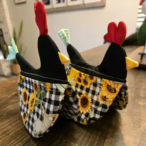 black and yellow sunflower truck chicken potholders