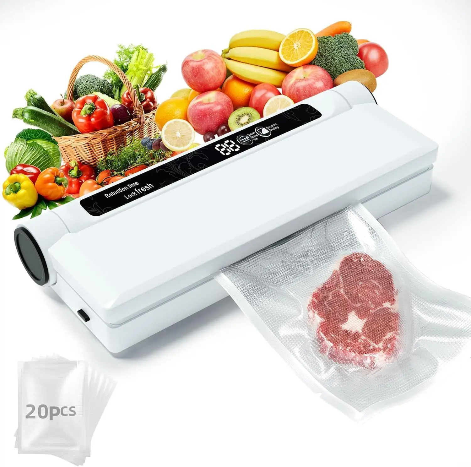 Food Vacuum Sealer Machine, 75KPA Compact Vacuum Sealer for Food, LED Indicator Light, Dry/Wet Modes, with 20 Vacuum Bags
