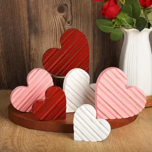 6 Pcs Valentine Tiered Tray Decor Rustic Wooden Hearts Table Sign Red Pink Distressed Wood Heart Tabletop Farmhouse Valentines Day Table Centerpiece Indoor for Office Desk Shelf Mantel Fireplace