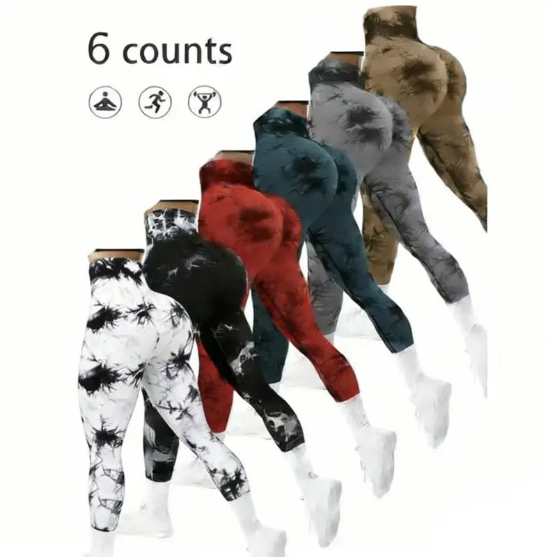6PCS Women’s tie-dye patterned ruched high-waisted athletic leggings—casual, comfortable, breathable, highly elastic slim-fit pants suitable for yoga, gym workouts, and running; women’s activewear for all seasons with tummy control and shaping.