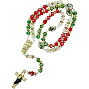 Exquisite Rosary Saint Jude Cross Pendant Mexican Necklace - Braided Cord Green Crystal beads Chain, Charm Accessories for Men and Women, Catholic St Jude Elegant Religious Jewelry Gift Idea