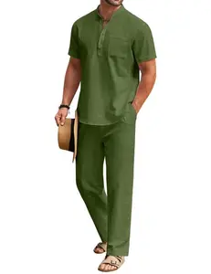 COOFANDY Men's 2 Pieces Cotton Linen Set Short Sleeve Henley Shirts Casual Loose Pants Summer Beach Yoga Outfits Classic Menswear