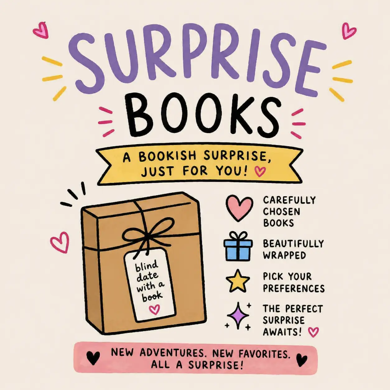 Surprise Novel Gift Pack - Special Box with 1 Random Mix Curated Novel, Custom Bookmark, for BookTok Enthusiasts, Party Gift Packs, Anniversary Present, Reading Fun Option