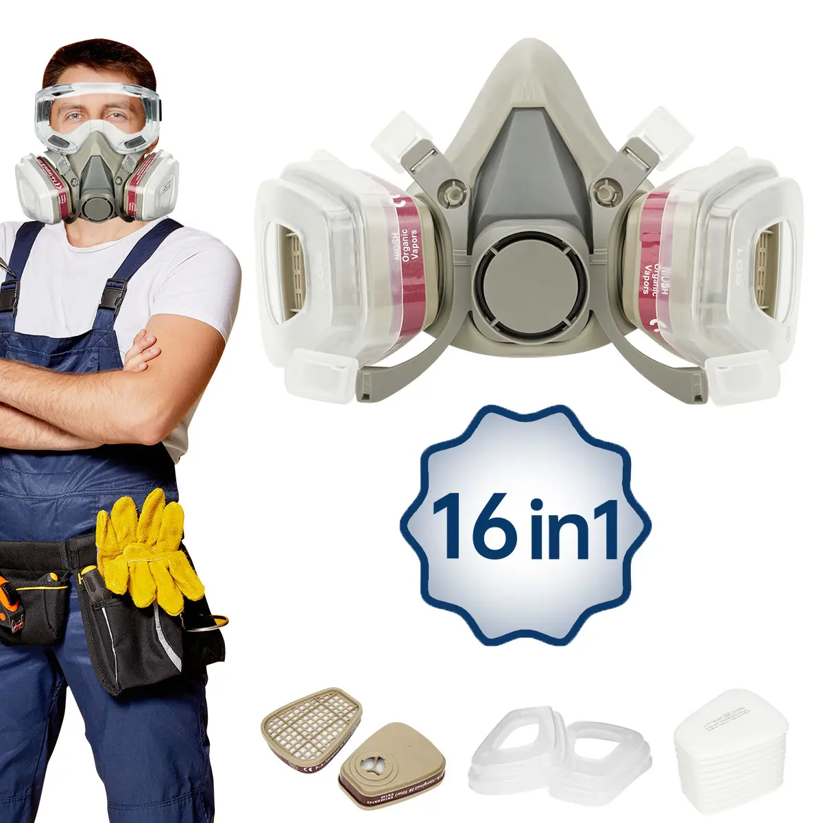 Half Face Respirator Mask – Reusable Protective Mask with Safety Goggles & Filter Cartridges, Anti-Dust Paint Spray Respirator for Woodworking, Construction, Chemical Work, Grinding, DIY and Outdoor Safety Protection