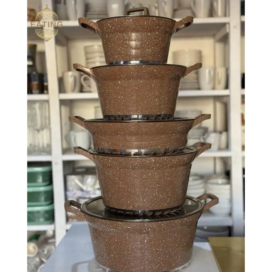 New arrivals Eating Brown Speckled Pot Set - 5-Piece Stackable Cookware with Handles for Kitchen Use