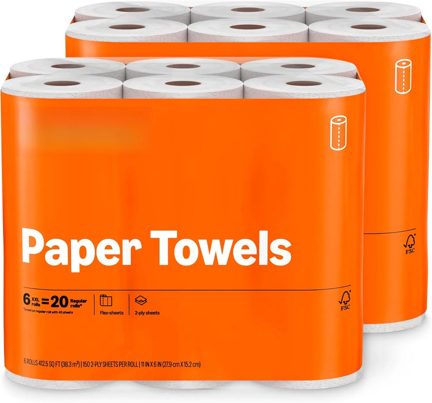 2-Ply Flex-Sheets Paper Towels, 12 Basics Rolls = 40 Regular Rolls, Everyday Value with 150 Sheets per Roll, Packaging May Vary