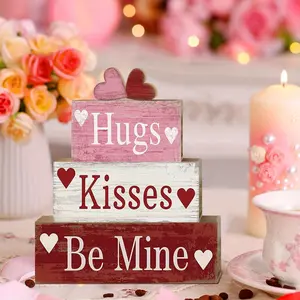 4 Pcs Valentine's Day Wooden Signs Heart Table Decor Rustic Distressed Valentines Centerpieces Blocks Farmhouse Tiered Tray Decor Valentine Day Decorations for Home Desk Shelf