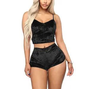 Women's Velvet Lace 2 Piece Outfit Spaghetti Strap Crop Top Shorts Pajamas Set Sleepwear Nightwear