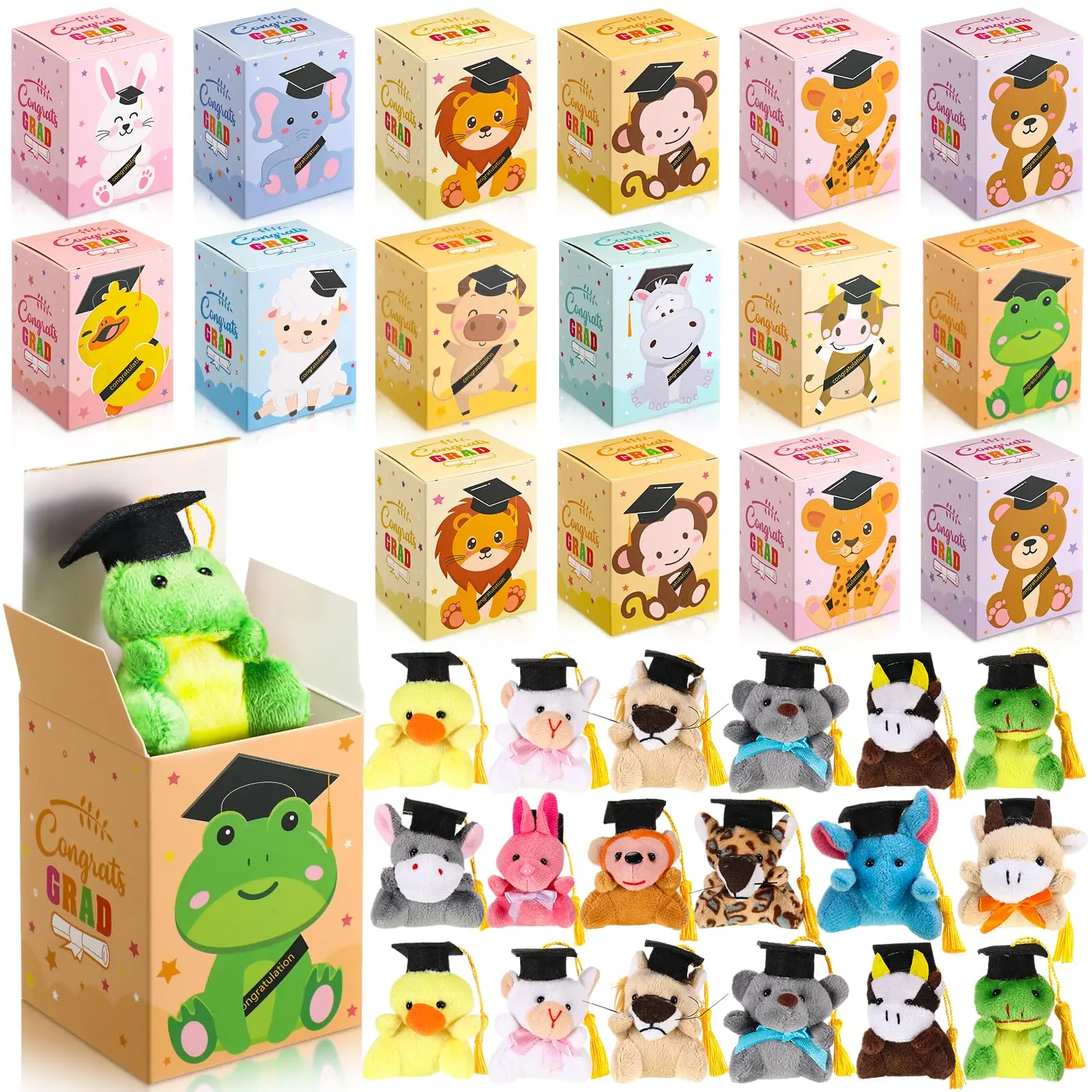 12/24 Sets Graduation Gift Mini Grad Animal Plush for Kindergarden Preschool Graduation Party Bulk 2026 Graduation Gifts Idea Stuffed Animal with Gift Box for Parents Teacher Classroom Party Favors for Students Festival Decor