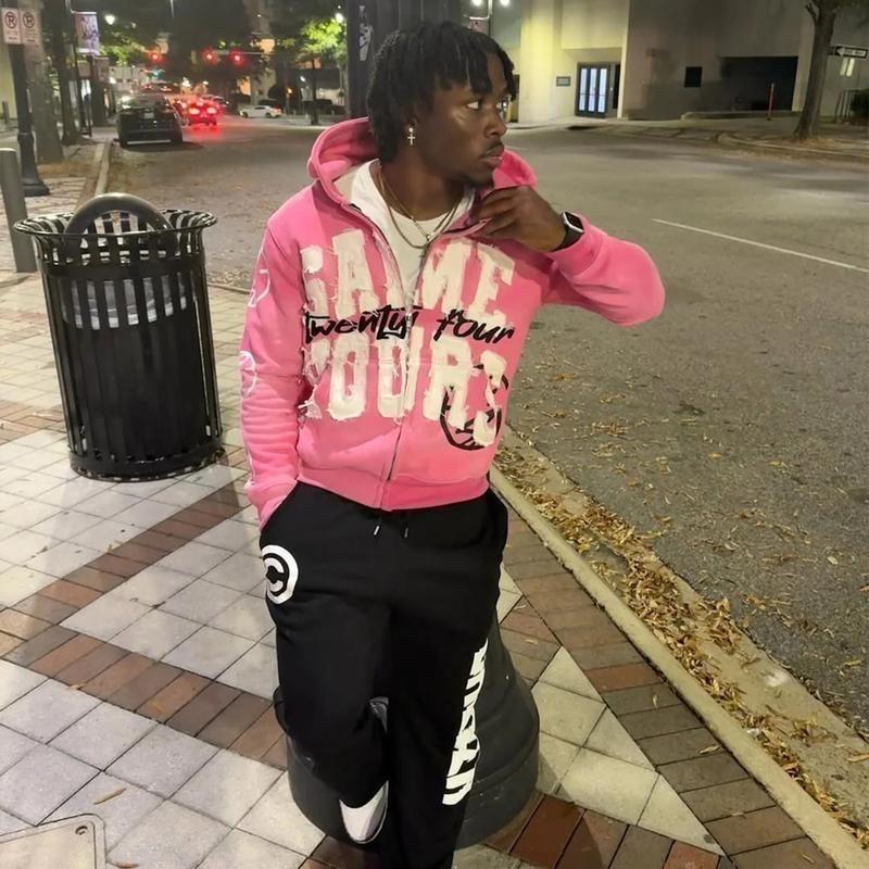 Y2K Harajuku Letter Hooded Sweatshirt For Men Classic Black Hood Long Sleeve Streetwear Graphic Pullover Operator Motocross Retro Patchwork Half Zip Hoodie Spring/Fall Regular Fit Drawstring Rib-Knit Appliques Halloween Christmas Menswear Tops Casual