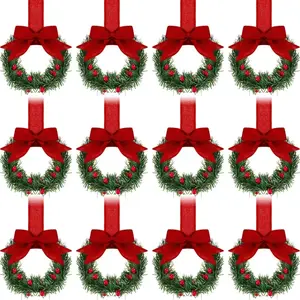 12 Christmas Kitchen Cabinet Wreaths with Tassels, Berry Mini Wreath, Farmhouse Style Holiday Decor, Classic Design, Durable Plastic Mini Velvet Christmas Cabinet Wreath