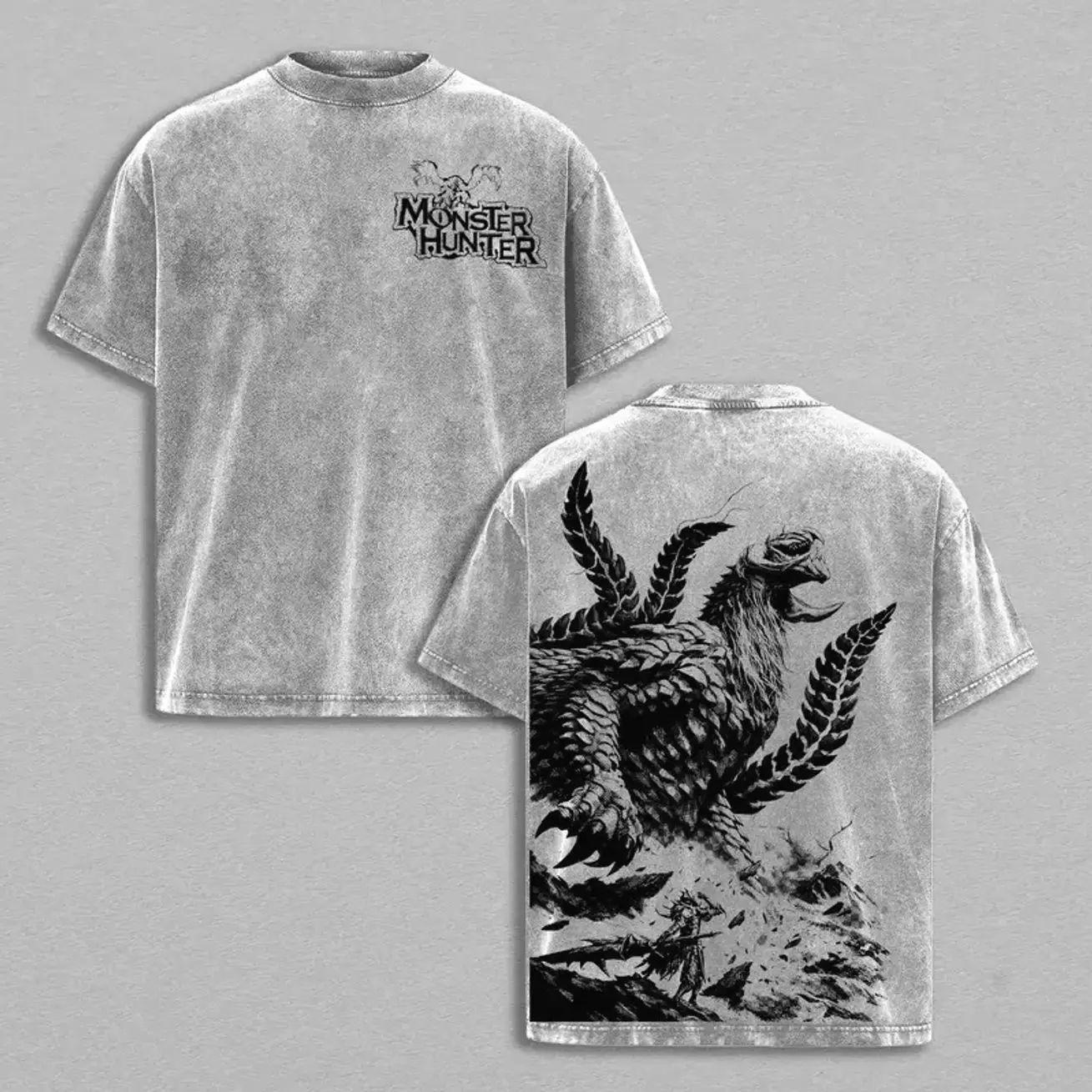 Monster Hunter Vintage Washed T-Shirt – Heavyweight Cotton Fantasy Streetwear Graphic Tee, Beast Hunter, Monster Slayer Epic Beast Battle Design, Unisex Oversized WSH
