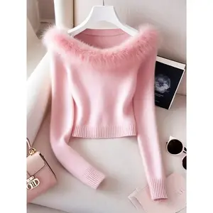 Women's French-Inspired Elegant Off-the-Shoulder Sweater with Faux Fur Trim - Soft Pink Long Sleeve Top, Medium Stretch for All-Season Casual & Formal Wear, Daily Outings, Shopping, Dates, Vacations