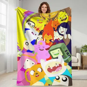 Cartoon Fantasy Adventure Time Flannel Blanket  Colorful Animated Character Print  Soft Cozy Warm Lightweight Material  Ideal for Bedroom Sofa Office Gift Home Decor Movie Night Camping Travel