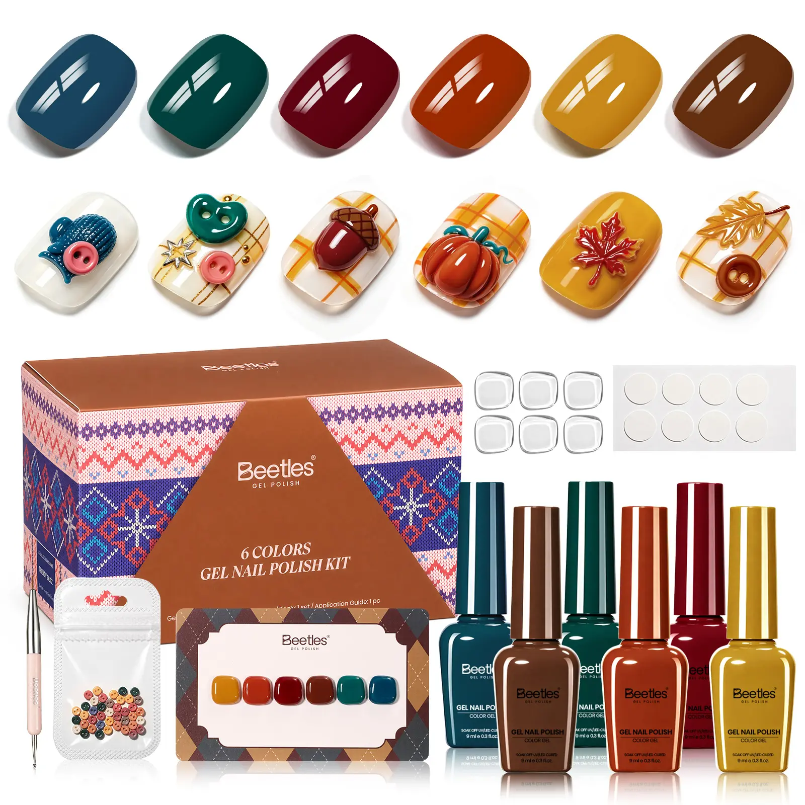 Beetles Vintage Wilds Fall Gel Nail Polish Set, 6 Colors Soak Off UV LED Gel Kit with 2-in-1 Nail Art Pen, Button, Color Card, Long-Lasting DIY Nail Art for Home Salon, Autumn Winter Holiday Manicure