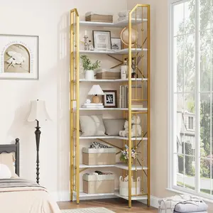 Garvee Modern Industrial L-Shaped Corner Bookshelf – 86" Tall 7-Tier Bookcase with Elegant Arched Beaded Design – Space-Saving Metal Frame Display Rack for Living Room, Bedroom, or Office in Gold and White