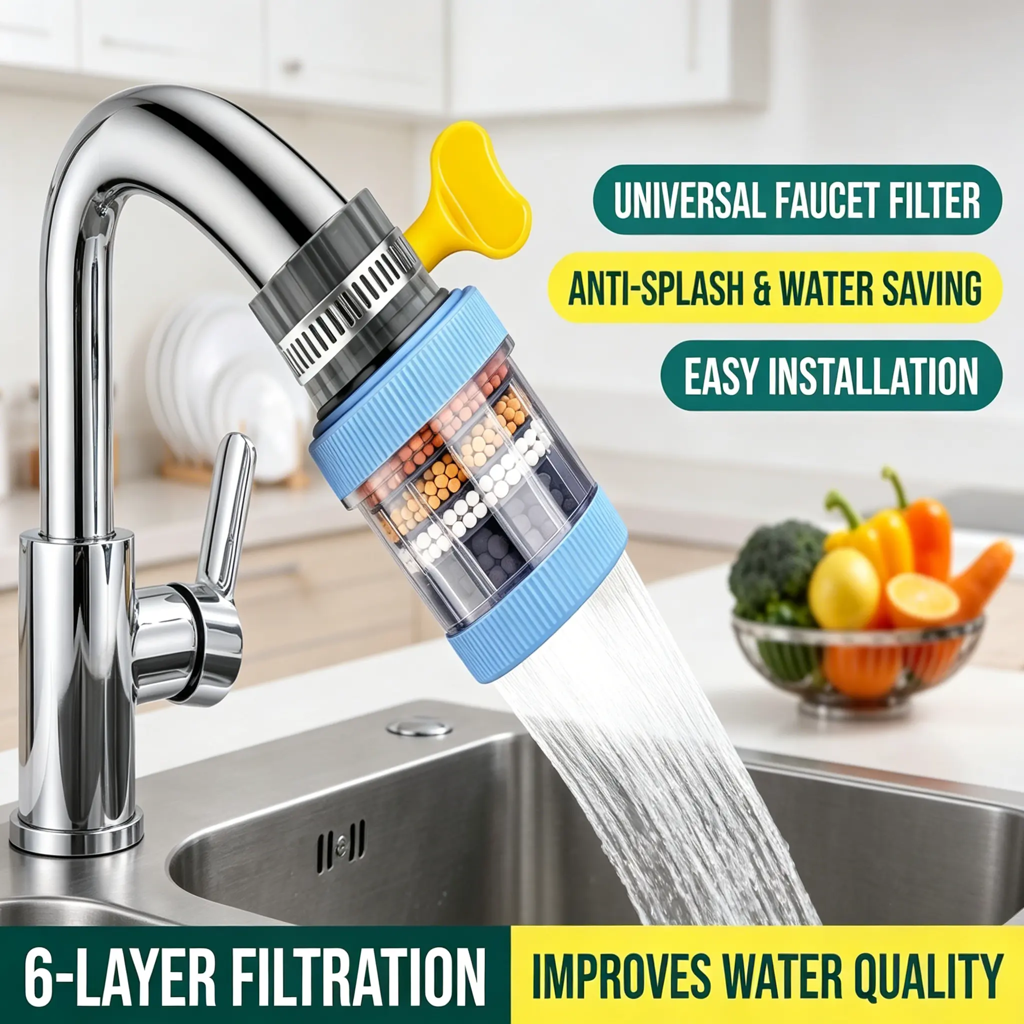 6 Layer Faucet Water Filter, Universal Kitchen Tap Water Purifier, Removes Chlorine & Impurities, Anti-Splash Water Filter Nozzle for Home Portable water filter for travel