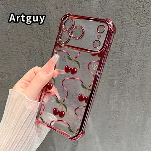 Phone Case for iPhone 17 Pro Max 16 15 Plus Air 14 13 12 11 E Cherry Ribbon Pattern Transparent Lens Protection Durable Soft Silicone Cover Gift