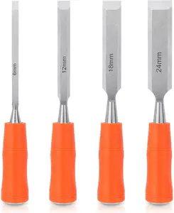 4 Piece Wood Chisel Sets Woodworking Tools Set with Steel Hammer End, Wood Chisel Set Woodworking with Ergonomic Plastic Handle, 6mm, 12mm, 18mm, 24mm