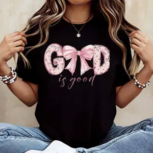 God Is Good Floral Bow Print T Shirt White Casual Loose Fit Tee For Everyday Wear And Light Activities