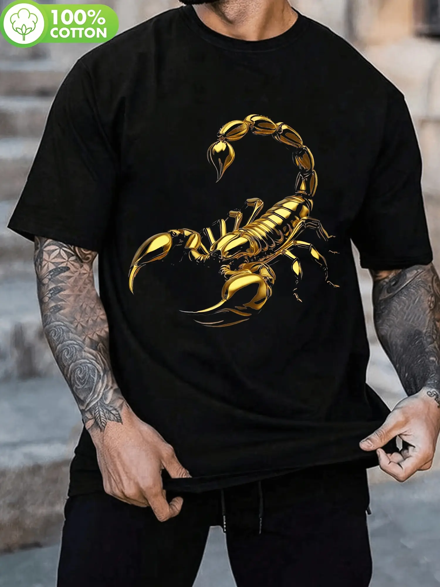 Mens Black Golden Scorpion TShirt Breathable Quick unisex soft cotton short sleeve t shirt, vintage graphic casual tee for men women teens, perfect birthday holiday gift for camping travel gym daily street  wear