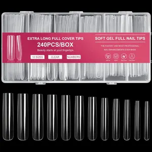 Extra Long Square Full Cover Nail Tips 240PCS XXXL Clear Full Cover Fake Nails 12 Sizes Tapered Square Press on for Acrylic Nails Salons Home DIY with Box