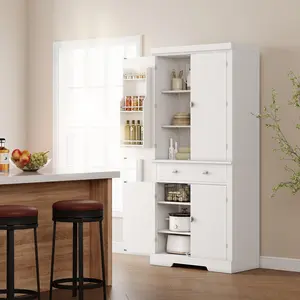 Garvee Kitchen Pantry Cabinet, 72” Pantry Storage Cabinet With 1 Drawer and 4 Doors, Adjustable Shelves, Tall Storage Pantry for Kitchen, Dining Room, Living Room, White