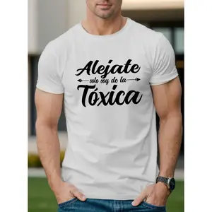 1pc Men'S Summer Casual T-Shirt, Round Neck, Regular Style, Geometric Pattern, 'Alejate solo soy de la Toxica' Slogan, Breathable and Stretchy Suitable for Adults Top