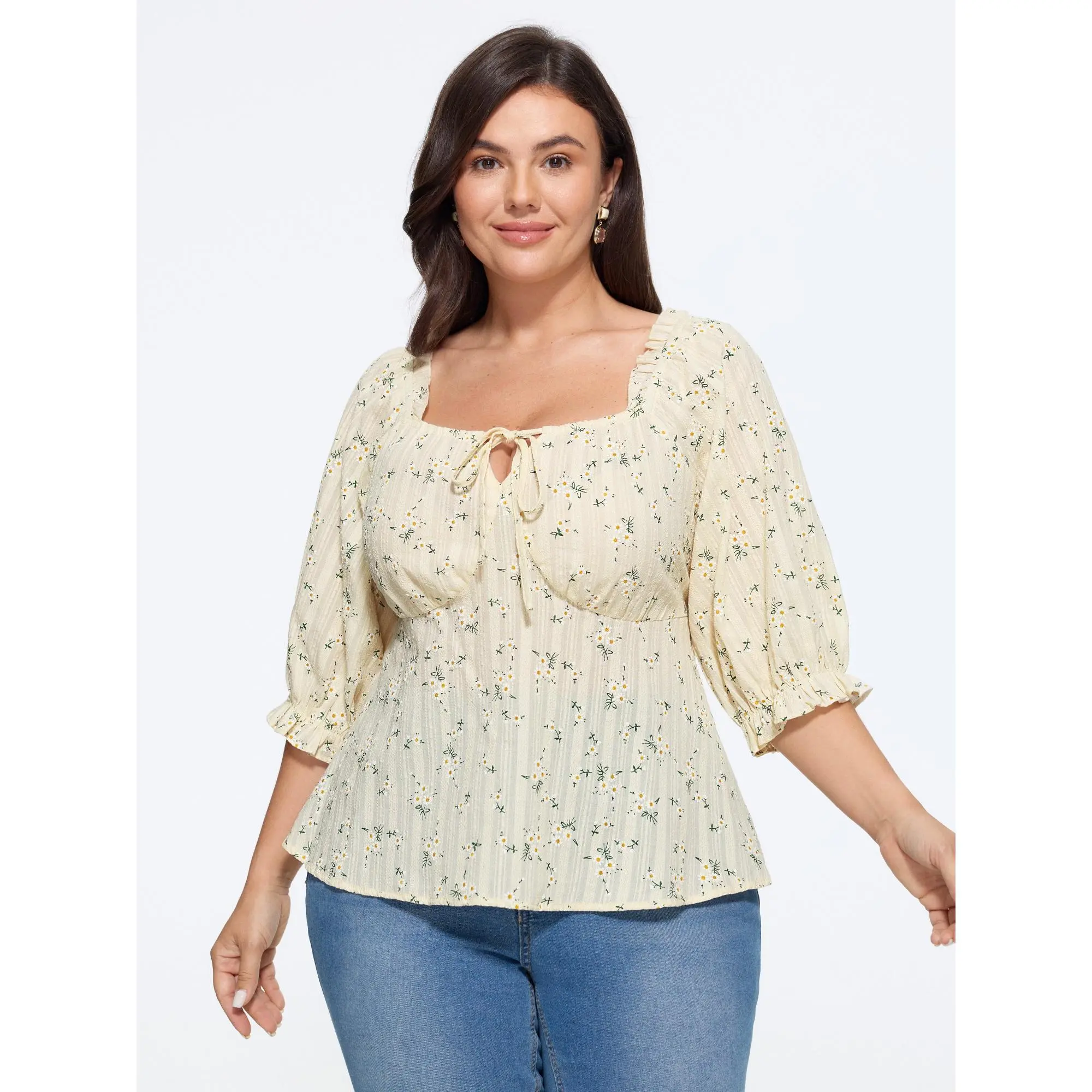 BLOOMCHIC Plus Size Cotton Ditsy Floral Print Square Neck Tie Front Blouse[M-6X] Back To School,Fall Pick, Smooth, Garment