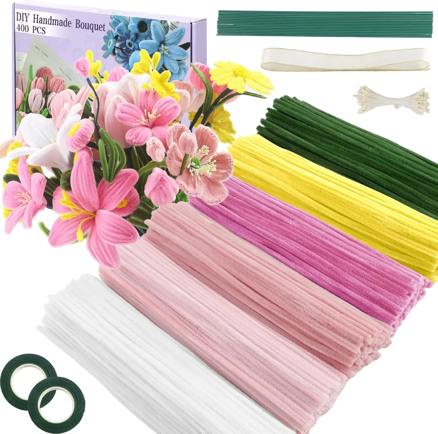 400-600 Pcs Chenille Stems Pipe Cleaners Craft Bulk - 6 Assorted Colors, with Floral Wires, Gardening Tape, Stamens & Ribbon for DIY Artificial Flower Making (Home Decor Supplies)