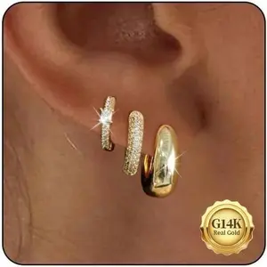 Gold Hoop Earrings Set for Women - 14K Gold Plated Small Hoops, Chunky Thick Earrings, Trendy Huggie Hoops