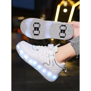 Unisex Kids Four-Wheel Multifunctional Roller Skates, New Wheel Shoes, Adjustable Rotating Buckle, PU Leather, LED Light, USB Charging, Four Wheel Design