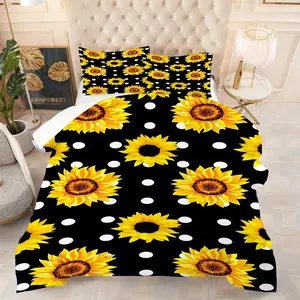 2/3Pcs Black Sunflower Print Comforter Set,Polka Dot Retro Theme Bedding Set,Delicate Patterned Soft Quilted Bedspread. Perfect for Creating A Vibrant, Warm and Retro-Chic Atmosphere In Your Room. Including 1 Oor 2 Pillowcases, No Pillow Core