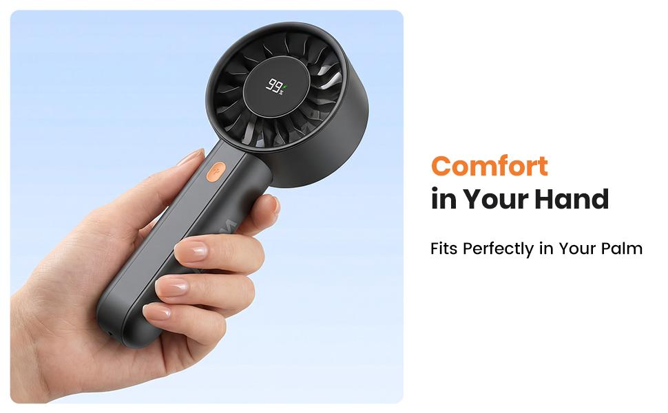 Warmco Portable Handheld Fan Rechargeable, 5000mAh Turbo Personal Mini Desk Fan , 4-Speed, Battery Powered Cool Fan with LED Display and Base, Pocket Size for Office and Travel and Makeup