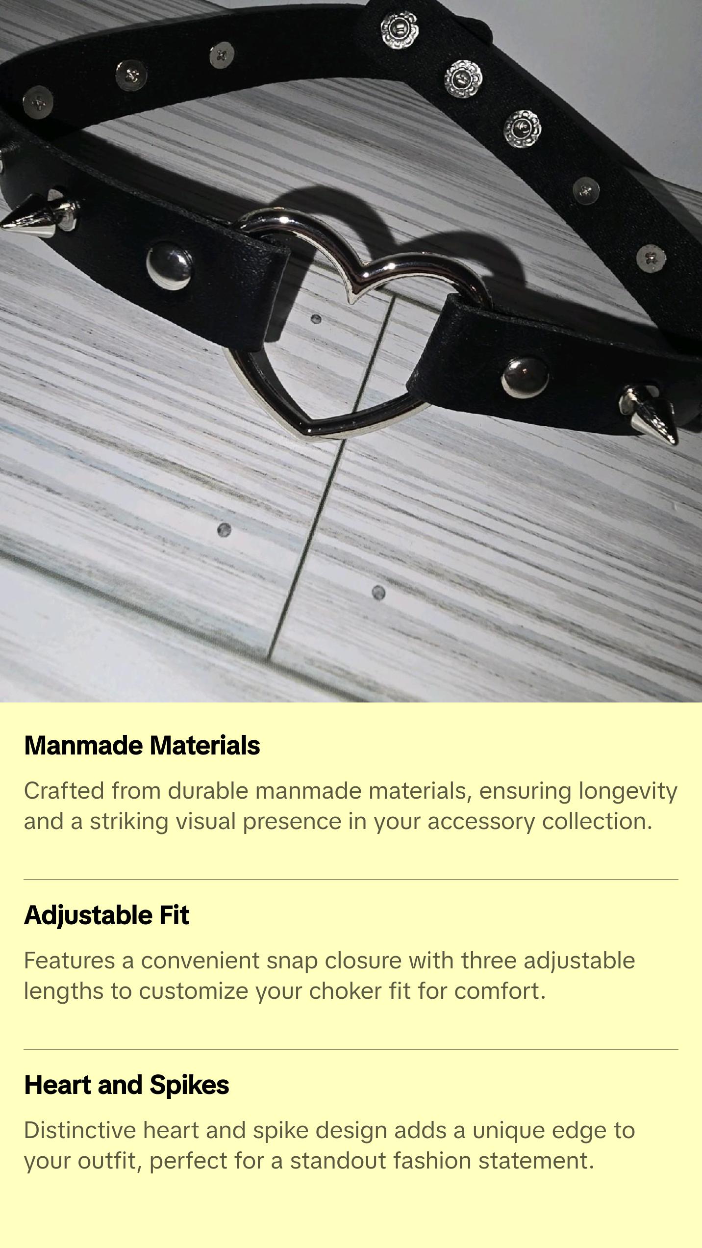 Heart and Spikes Choker Collar Fashion Accessory with Snap Closure and Three Adjustments Manmade Materials